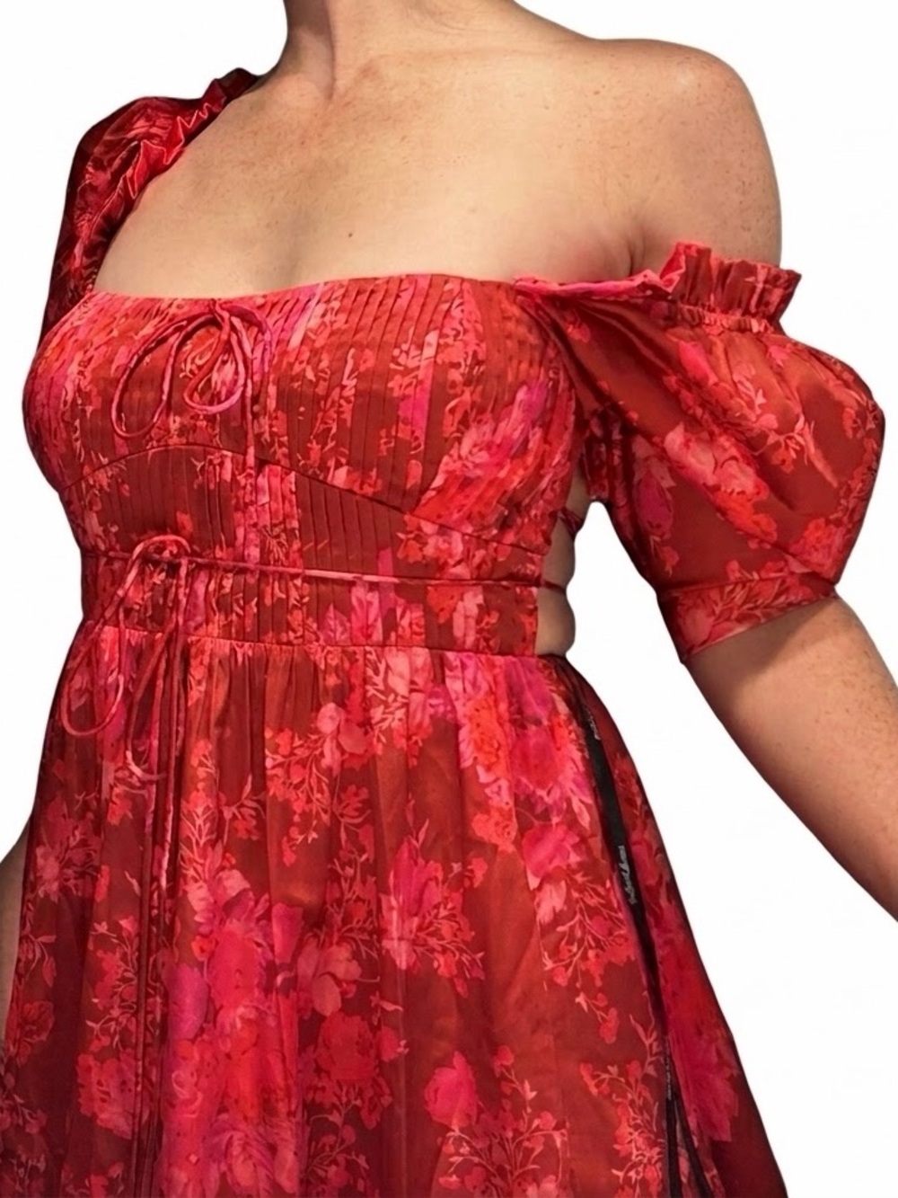 For Love And Lemons Red and Pink Floral Off-Shoulder Mini Dress